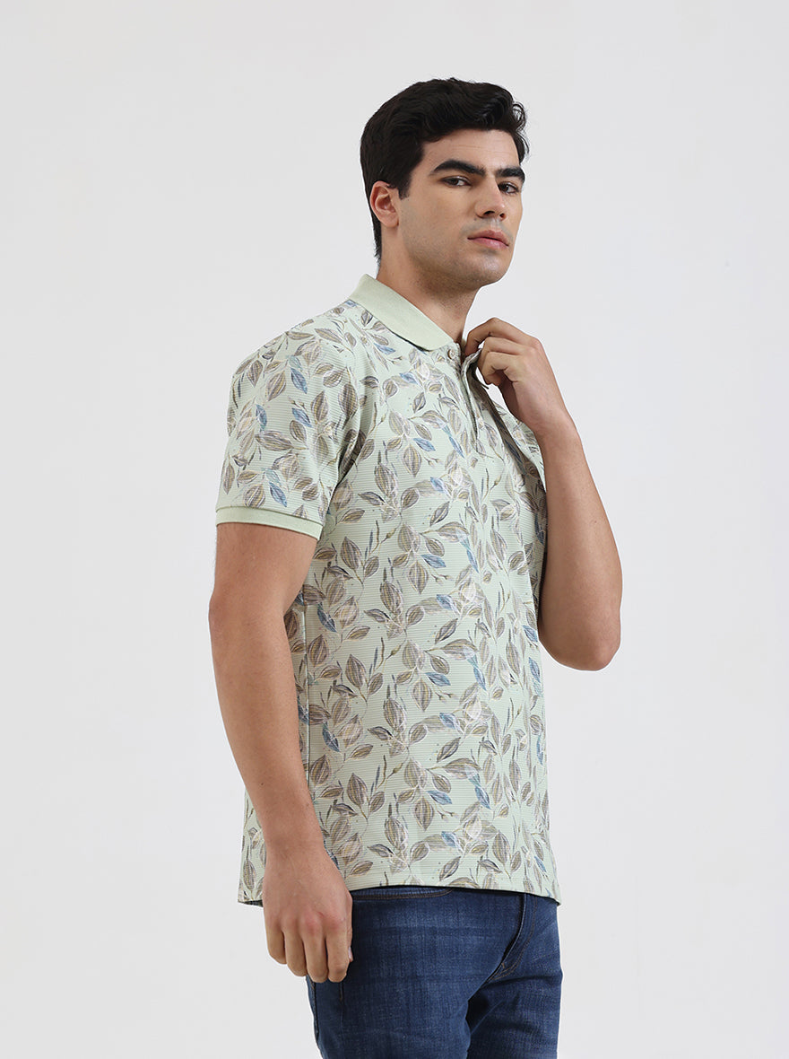 Mint Green Printed Slim Fit Polo T-Shirt | JadeBlue