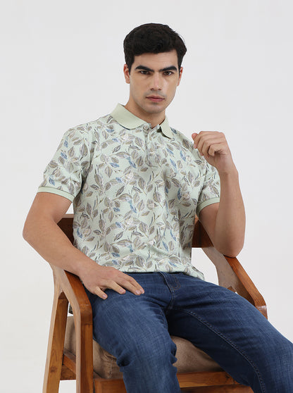 Mint Green Printed Slim Fit Polo T-Shirt | JadeBlue
