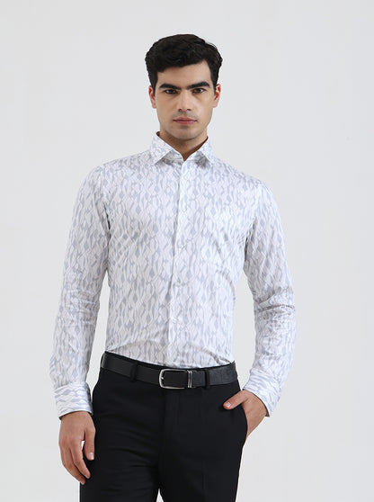 White & Blue Printed Slim Fit Formal Shirt | JadeBlue Youth