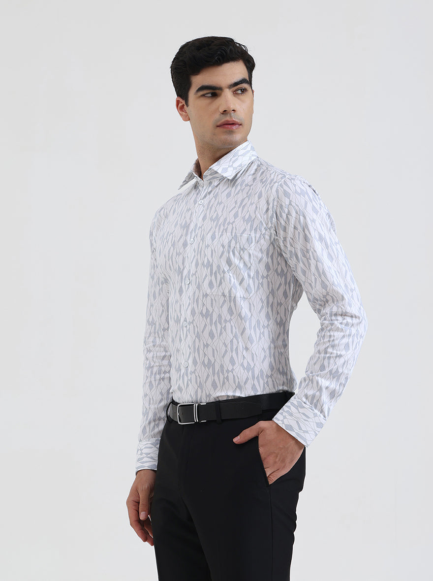 White & Blue Printed Slim Fit Formal Shirt | JadeBlue Youth
