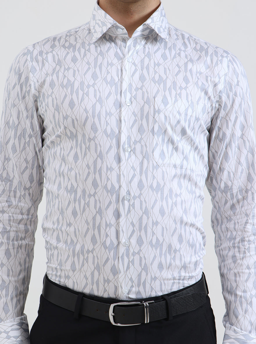 White & Blue Printed Slim Fit Formal Shirt | JadeBlue Youth