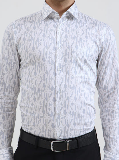 White & Blue Printed Slim Fit Formal Shirt | JadeBlue Youth