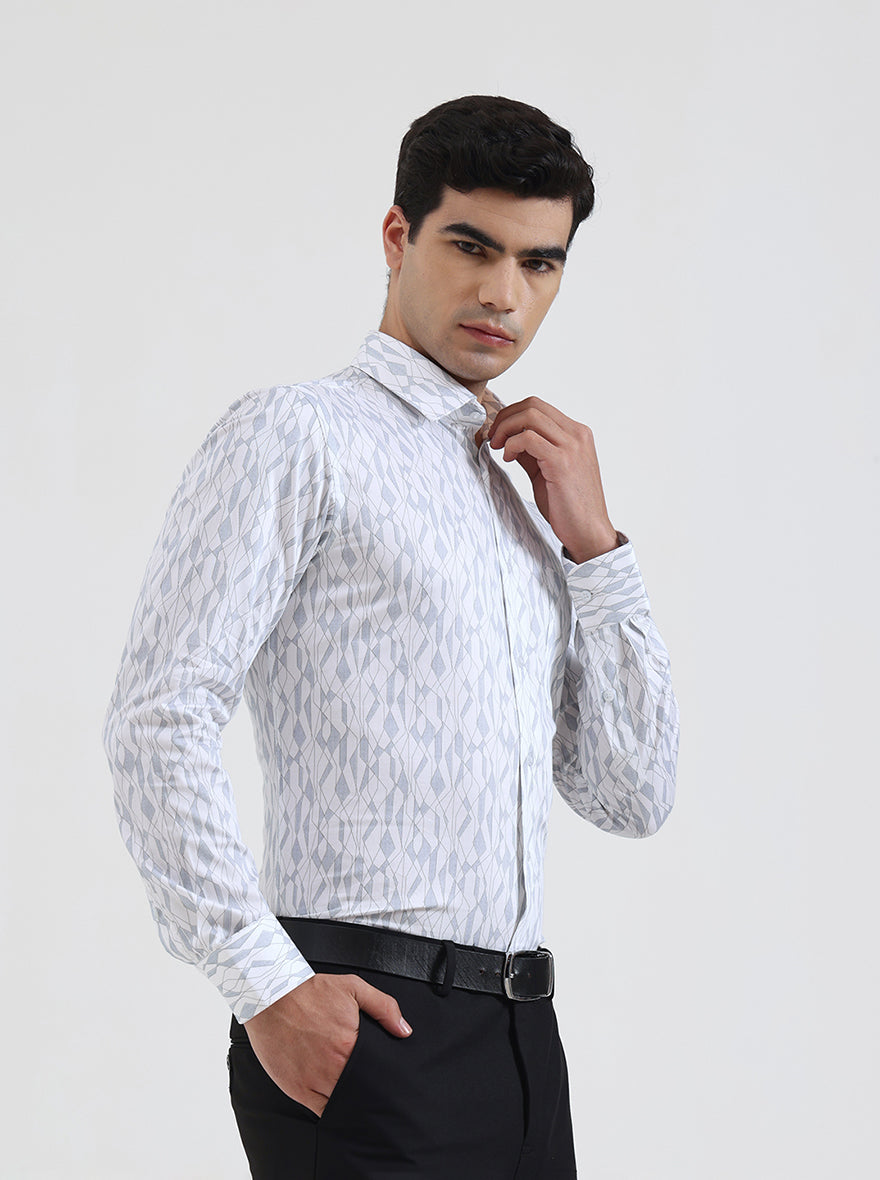 White & Blue Printed Slim Fit Formal Shirt | JadeBlue Youth