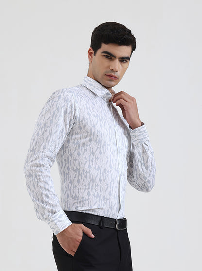 White & Blue Printed Slim Fit Formal Shirt | JadeBlue Youth