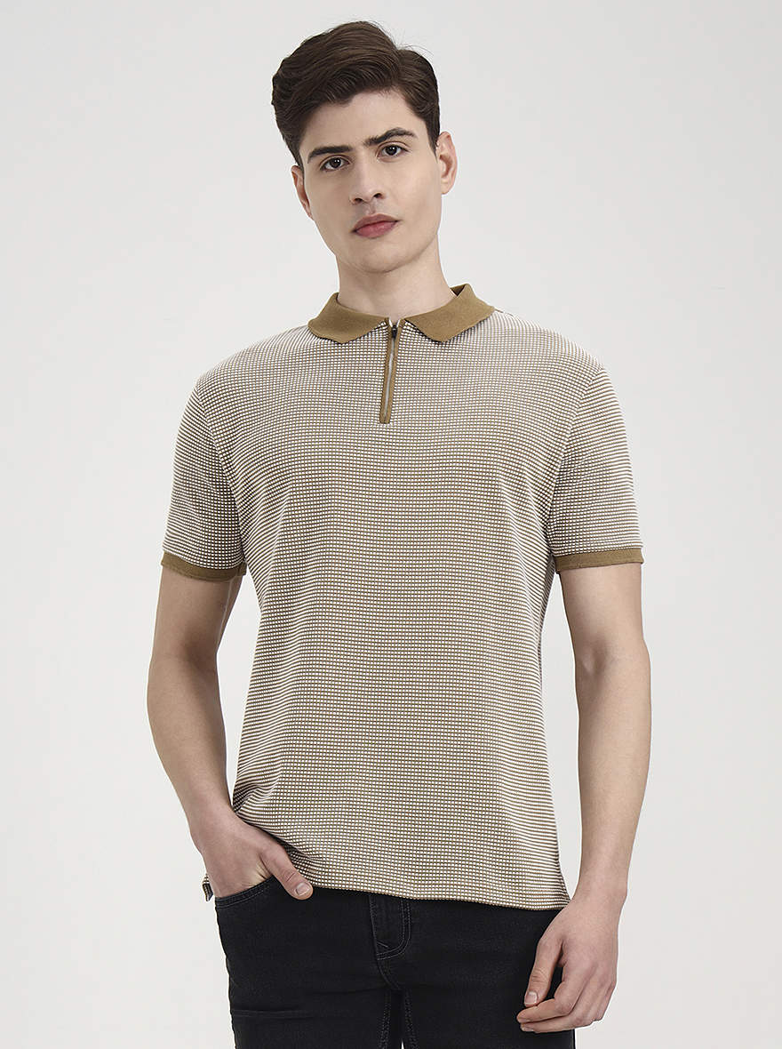 Khaki & White Checked Slim Fit Polo T-Shirt | Greenfibre