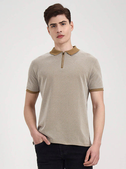 Khaki & White Checked Slim Fit Polo T-Shirt | Greenfibre