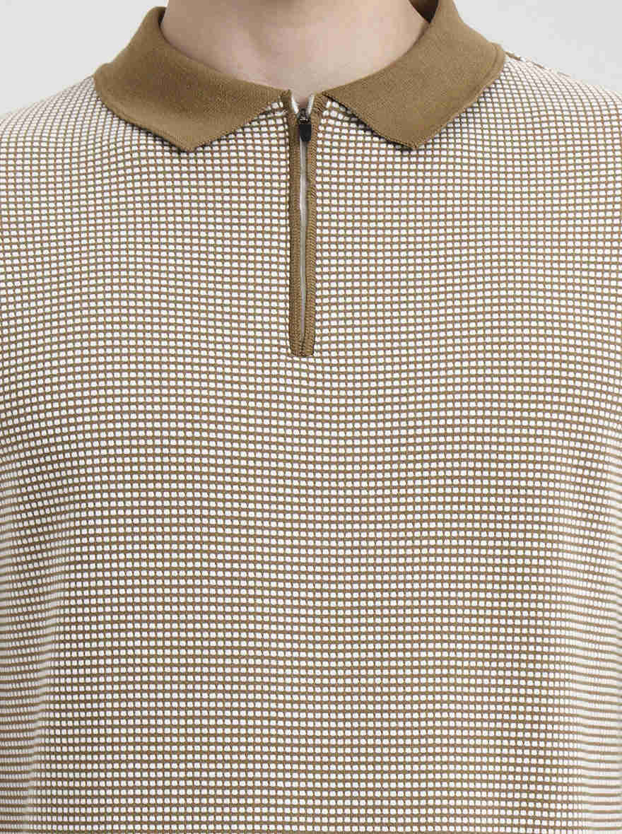 Khaki & White Checked Slim Fit Polo T-Shirt | Greenfibre