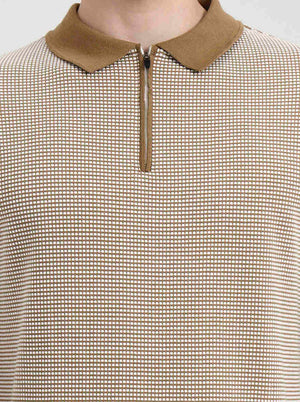 Khaki & White Checked Slim Fit Polo T-Shirt | Greenfibre