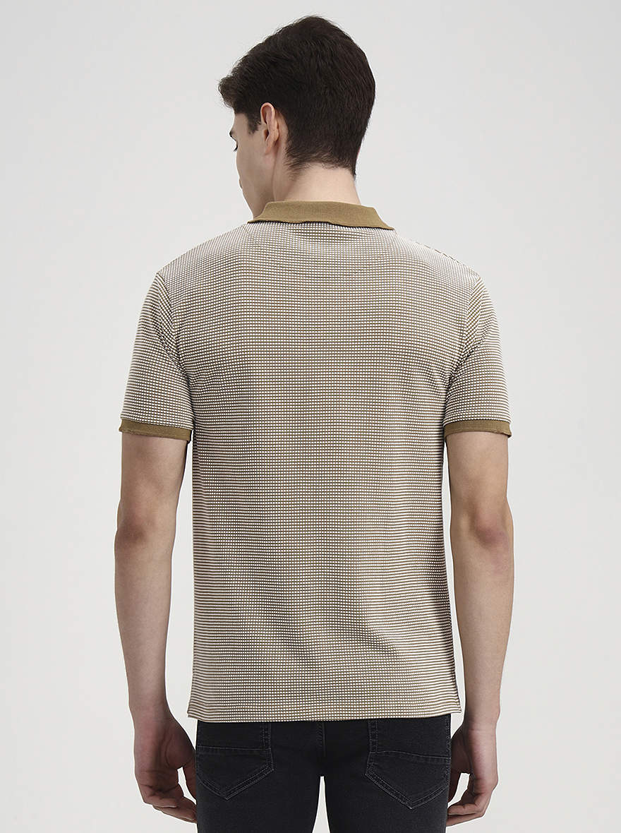 Khaki & White Checked Slim Fit Polo T-Shirt | Greenfibre