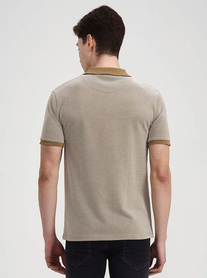Khaki & White Checked Slim Fit Polo T-Shirt | Greenfibre