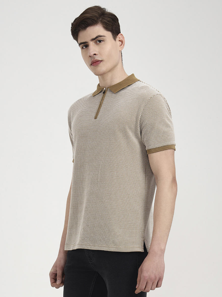 Khaki & White Checked Slim Fit Polo T-Shirt | Greenfibre