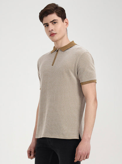 Khaki & White Checked Slim Fit Polo T-Shirt | Greenfibre