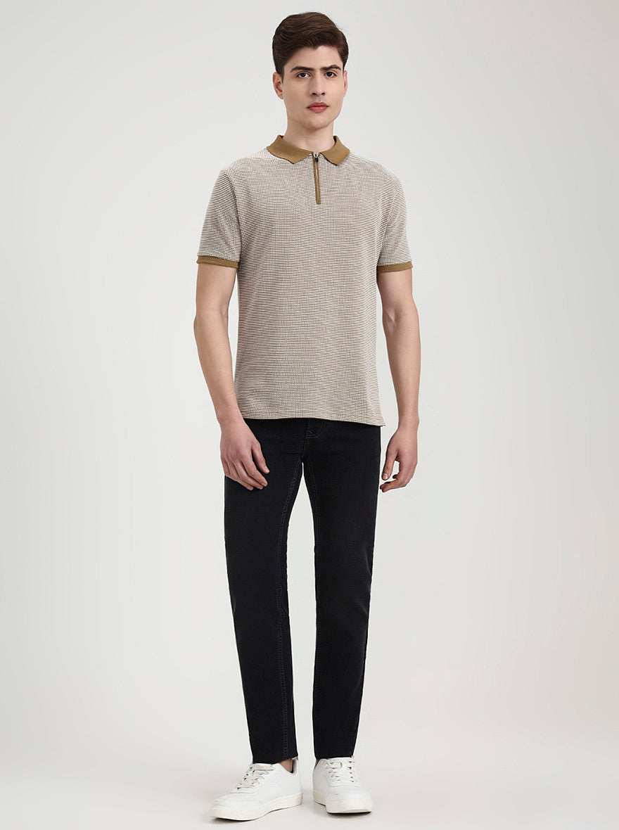 Khaki & White Checked Slim Fit Polo T-Shirt | Greenfibre