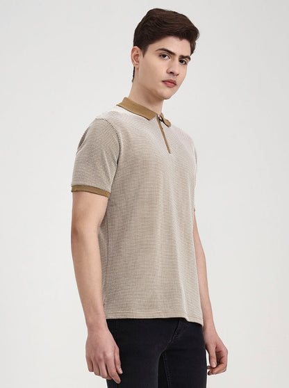 Khaki & White Checked Slim Fit Polo T-Shirt | Greenfibre