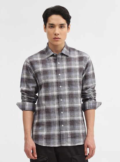 Dark Grey Checked Slim Fit Casual Shirt | Greenfibre