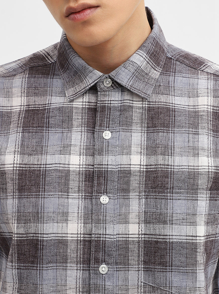 Dark Grey Checked Slim Fit Casual Shirt | Greenfibre