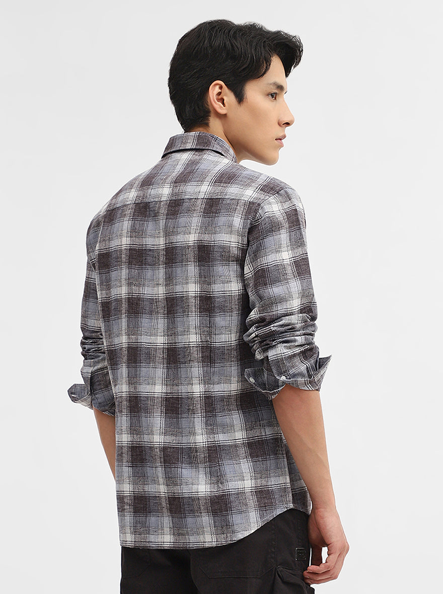 Dark Grey Checked Slim Fit Casual Shirt | Greenfibre