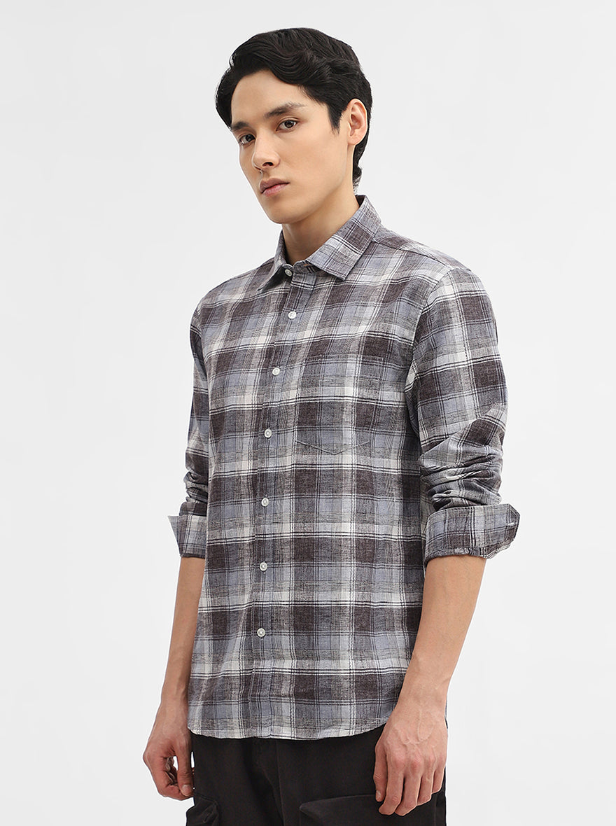 Dark Grey Checked Slim Fit Casual Shirt | Greenfibre