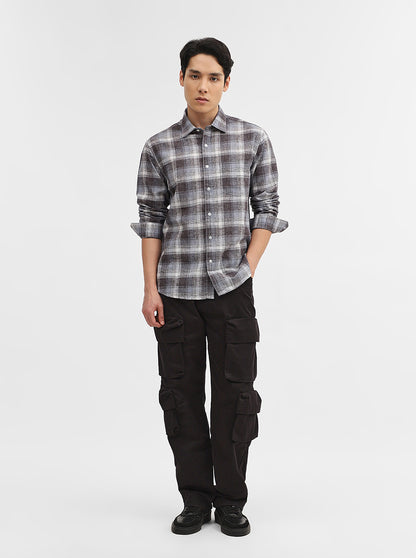 Dark Grey Checked Slim Fit Casual Shirt | Greenfibre