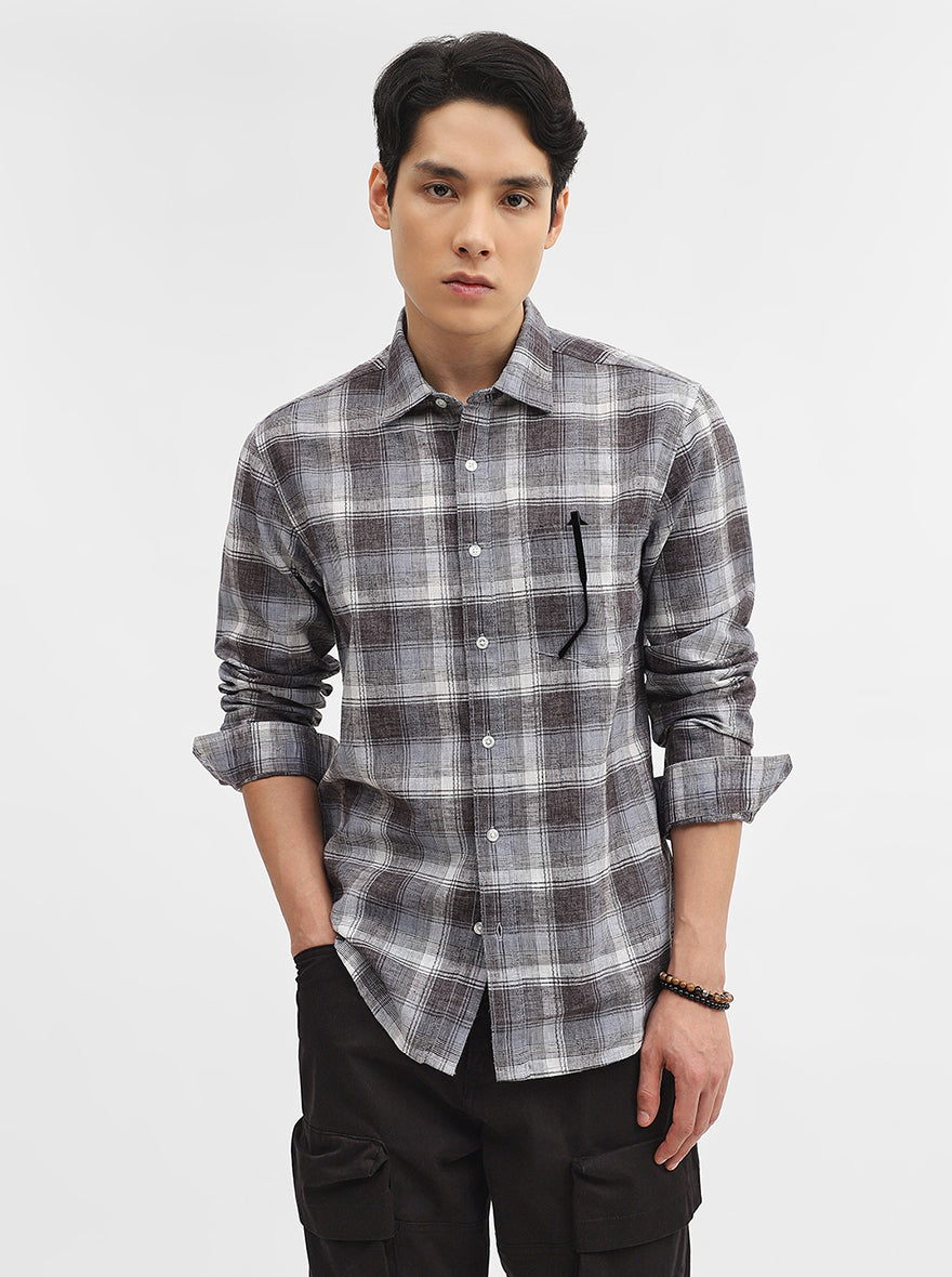 Dark Grey Checked Slim Fit Casual Shirt | Greenfibre