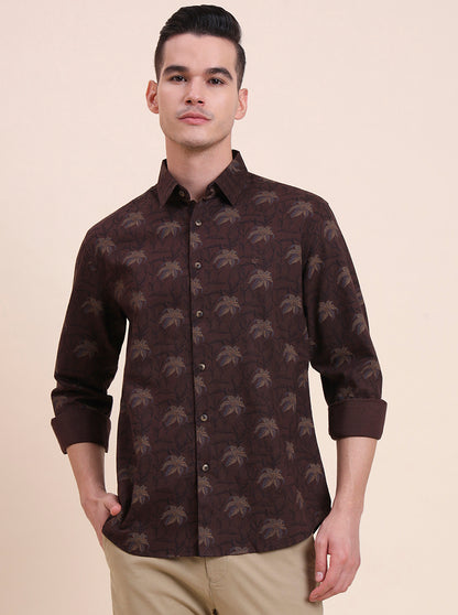 Dark Brown Printed Slim Fit Casual Shirt | Greenfibre