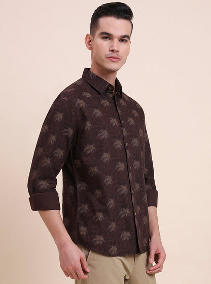 Dark Brown Printed Slim Fit Casual Shirt | Greenfibre
