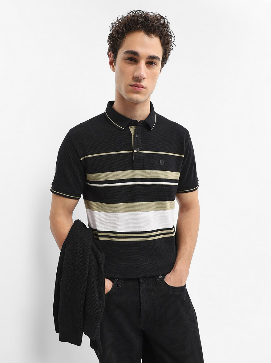 Black & White Striped Slim Fit Polo T-Shirt | JadeBlue