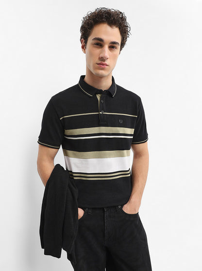 Black & White Striped Slim Fit Polo T-Shirt | JadeBlue