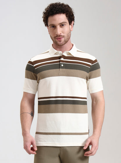 White & Brown Striped Slim Fit Polo T-Shirt | JadeBlue