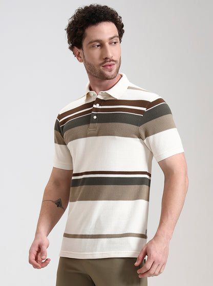 White & Brown Striped Slim Fit Polo T-Shirt | JadeBlue