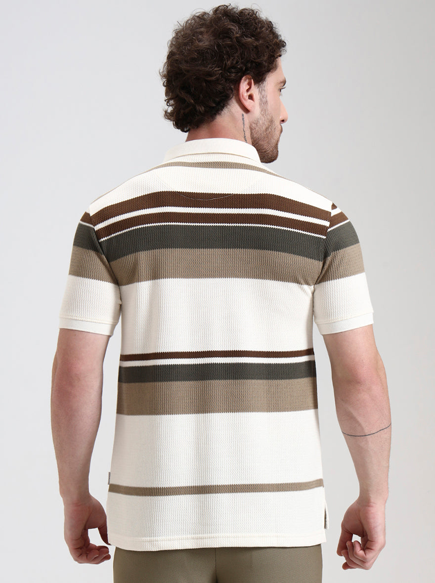 White & Brown Striped Slim Fit Polo T-Shirt | JadeBlue