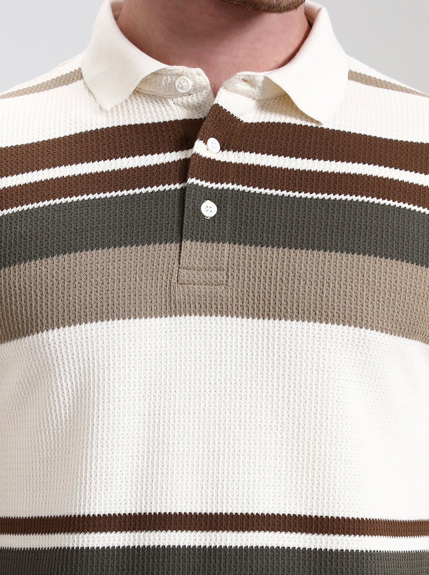White & Brown Striped Slim Fit Polo T-Shirt | JadeBlue