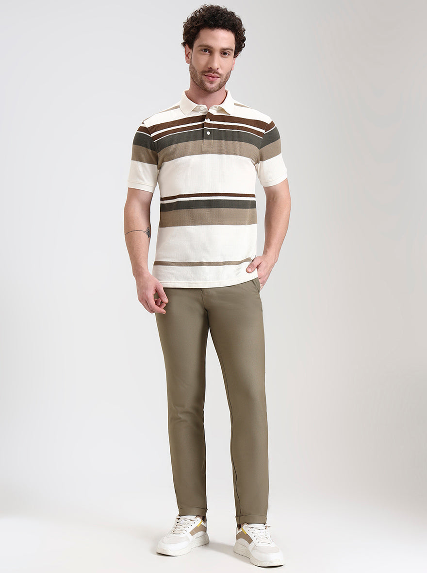 White & Brown Striped Slim Fit Polo T-Shirt | JadeBlue