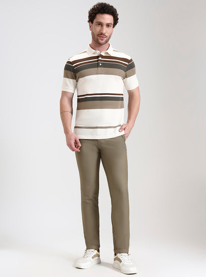 White & Brown Striped Slim Fit Polo T-Shirt | JadeBlue
