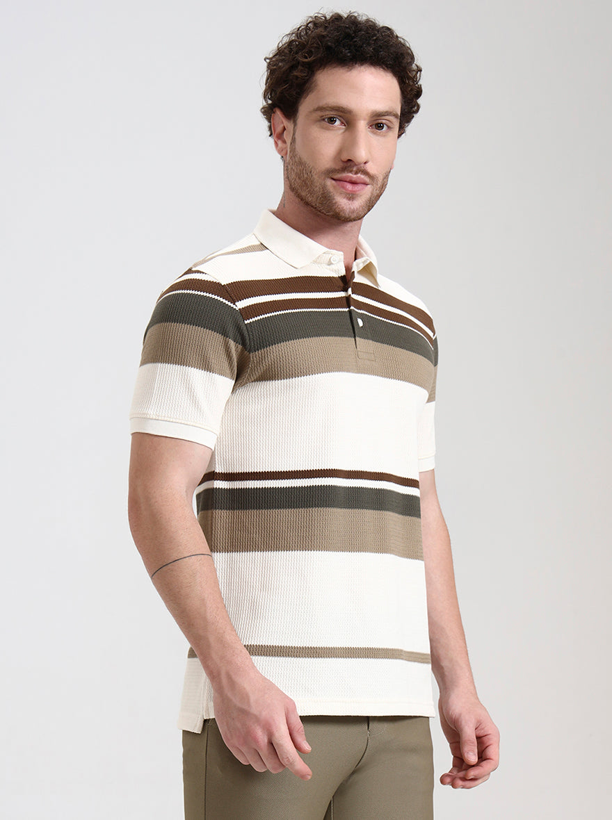 White & Brown Striped Slim Fit Polo T-Shirt | JadeBlue