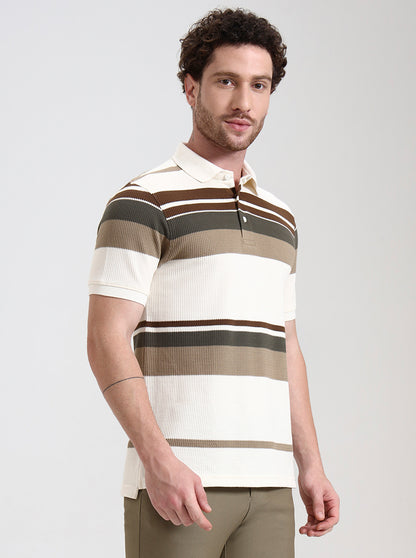 White & Brown Striped Slim Fit Polo T-Shirt | JadeBlue