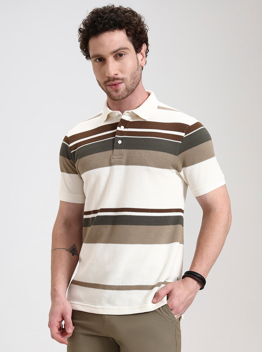 White & Brown Striped Slim Fit Polo T-Shirt | JadeBlue