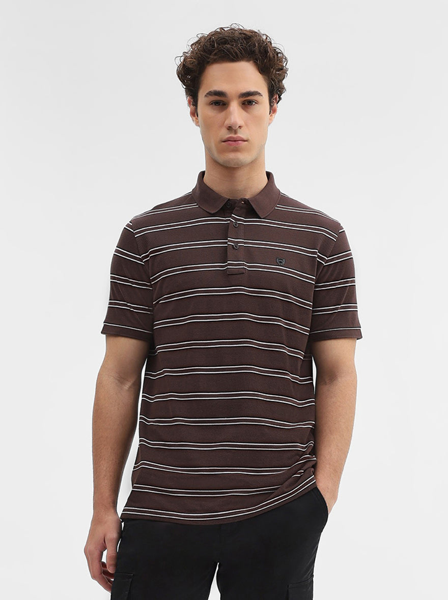 Brown & Black Striped Slim Fit Polo T-Shirt | JadeBlue