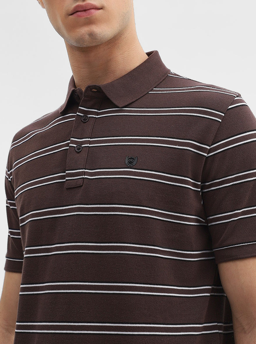 Brown & Black Striped Slim Fit Polo T-Shirt | JadeBlue