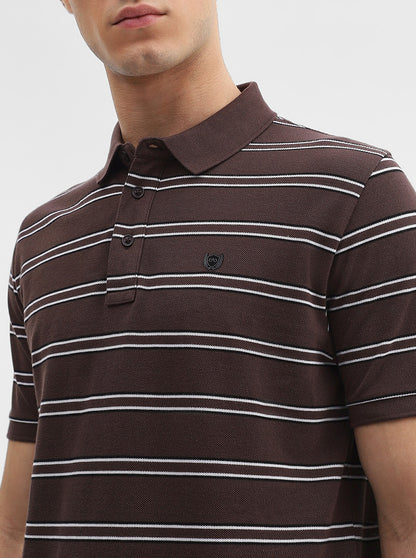Brown & Black Striped Slim Fit Polo T-Shirt | JadeBlue
