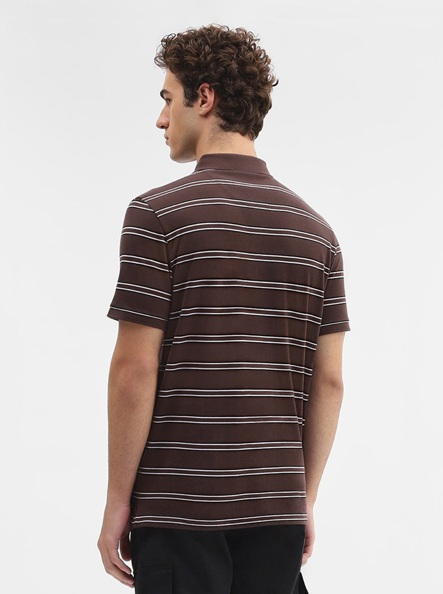 Brown & Black Striped Slim Fit Polo T-Shirt | JadeBlue