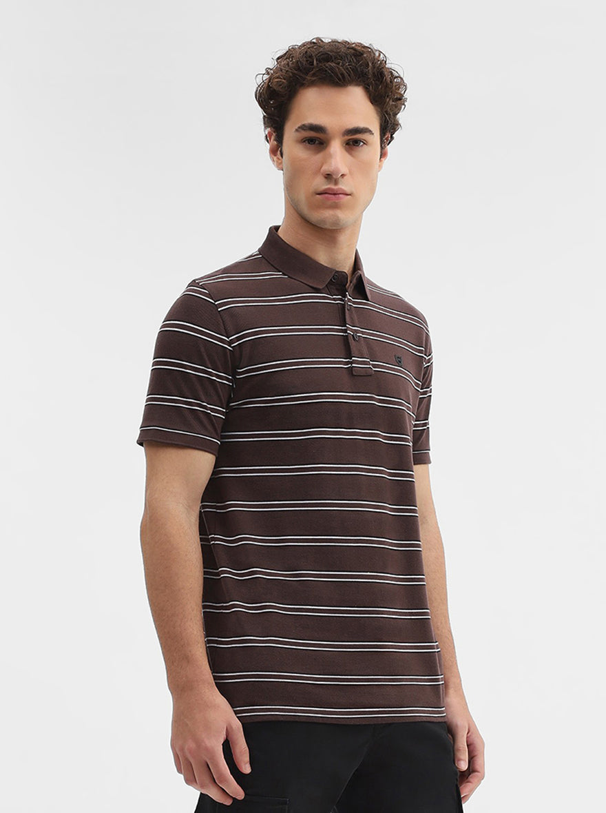 Brown & Black Striped Slim Fit Polo T-Shirt | JadeBlue