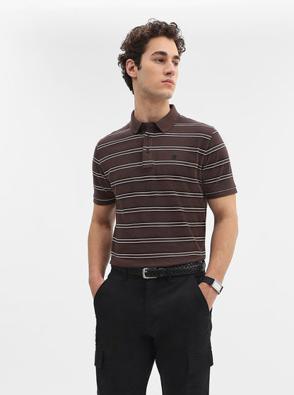 Brown & Black Striped Slim Fit Polo T-Shirt | JadeBlue