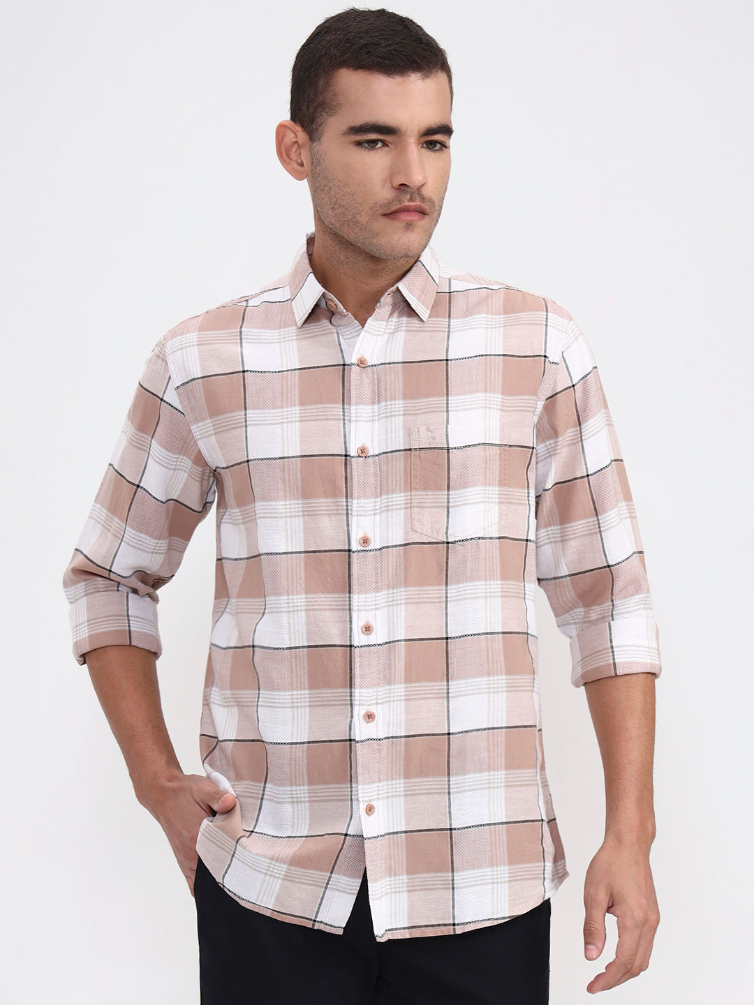 Brown Checked Slim Fit Casual Shirt | JadeBlue