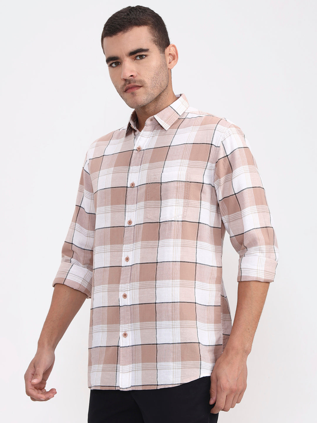 Brown Checked Slim Fit Casual Shirt | JadeBlue