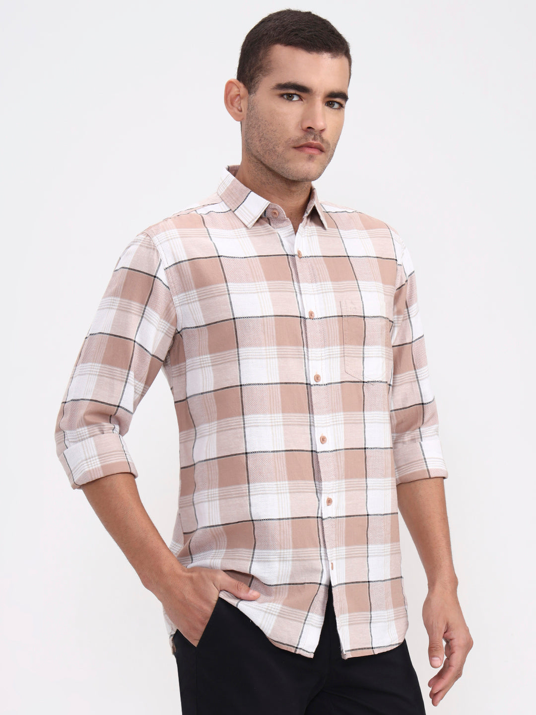Brown Checked Slim Fit Casual Shirt | JadeBlue