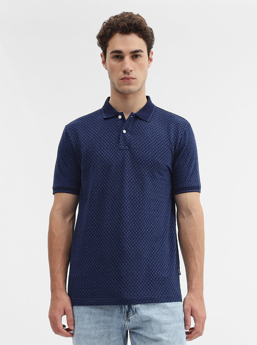 Indigo Blue Checked Slim Fit Polo T-Shirt | Greenfibre