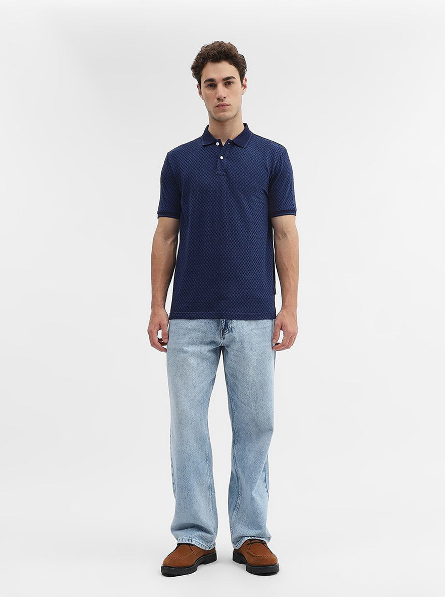 Indigo Blue Checked Slim Fit Polo T-Shirt | Greenfibre