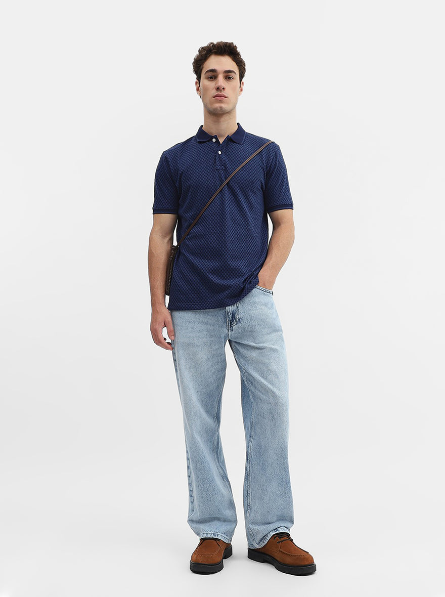Indigo Blue Checked Slim Fit Polo T-Shirt | Greenfibre