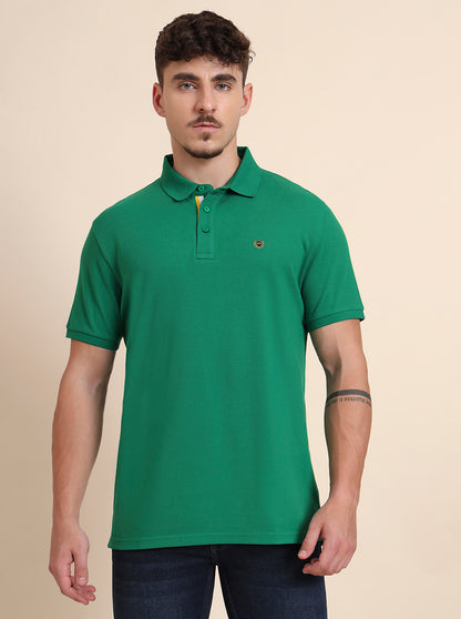 Fern Green Solid Slim Fit Polo T-Shirt | JadeBlue